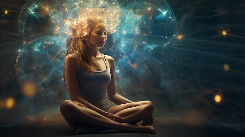 Transcendental psychology. Woman sitting cross-legged, with a bright nebula above her head, indicating spirituality and meditation.
