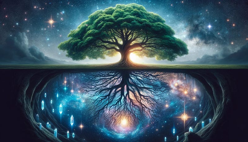 Transcendental psychology. Tree of life: at the roots you can see the universe, at the top you can see a green and leafy tree.