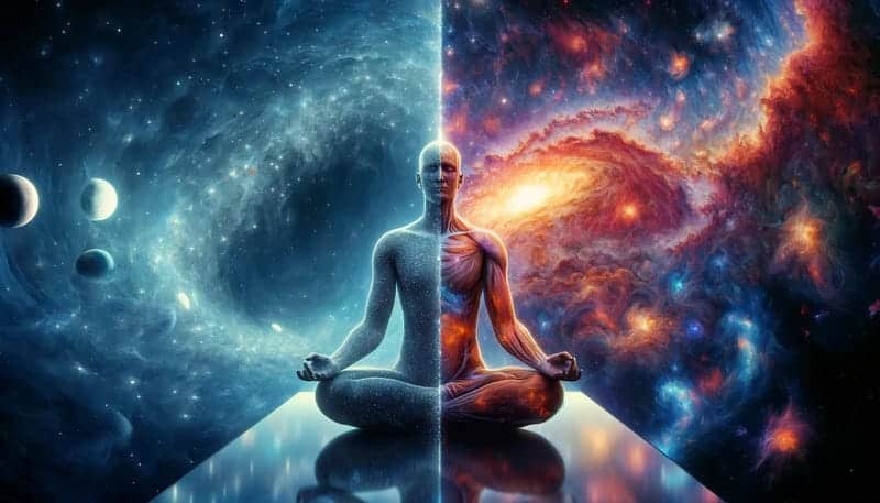 Transcendental psychology Parallel worlds, man sitting in yoga meditation pose, universe visible behind him