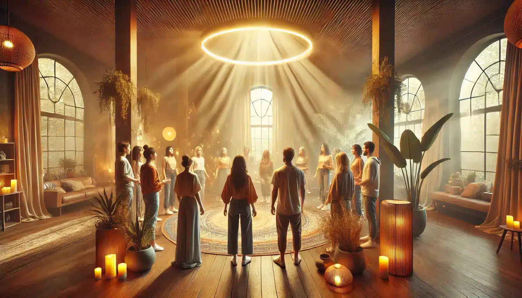Transcendental psychology. A group of people gathered in a spiritual hall, a light shines down from the ceiling and radiates onto everyone.